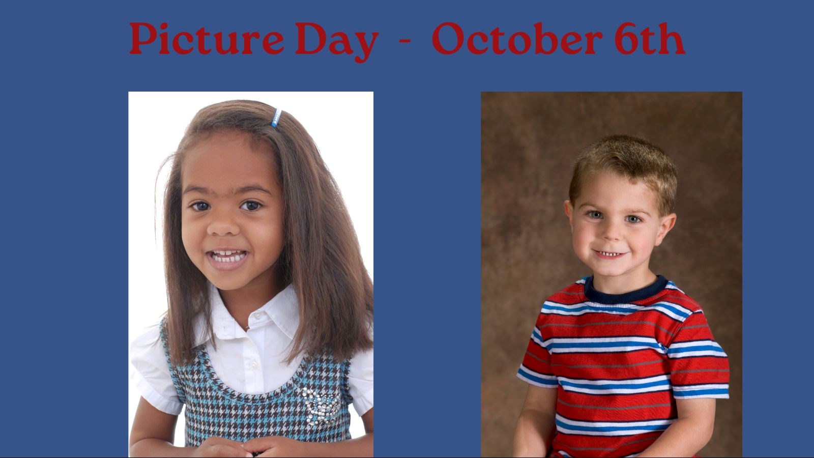 Black girl and white boy posing for school picture on blue background